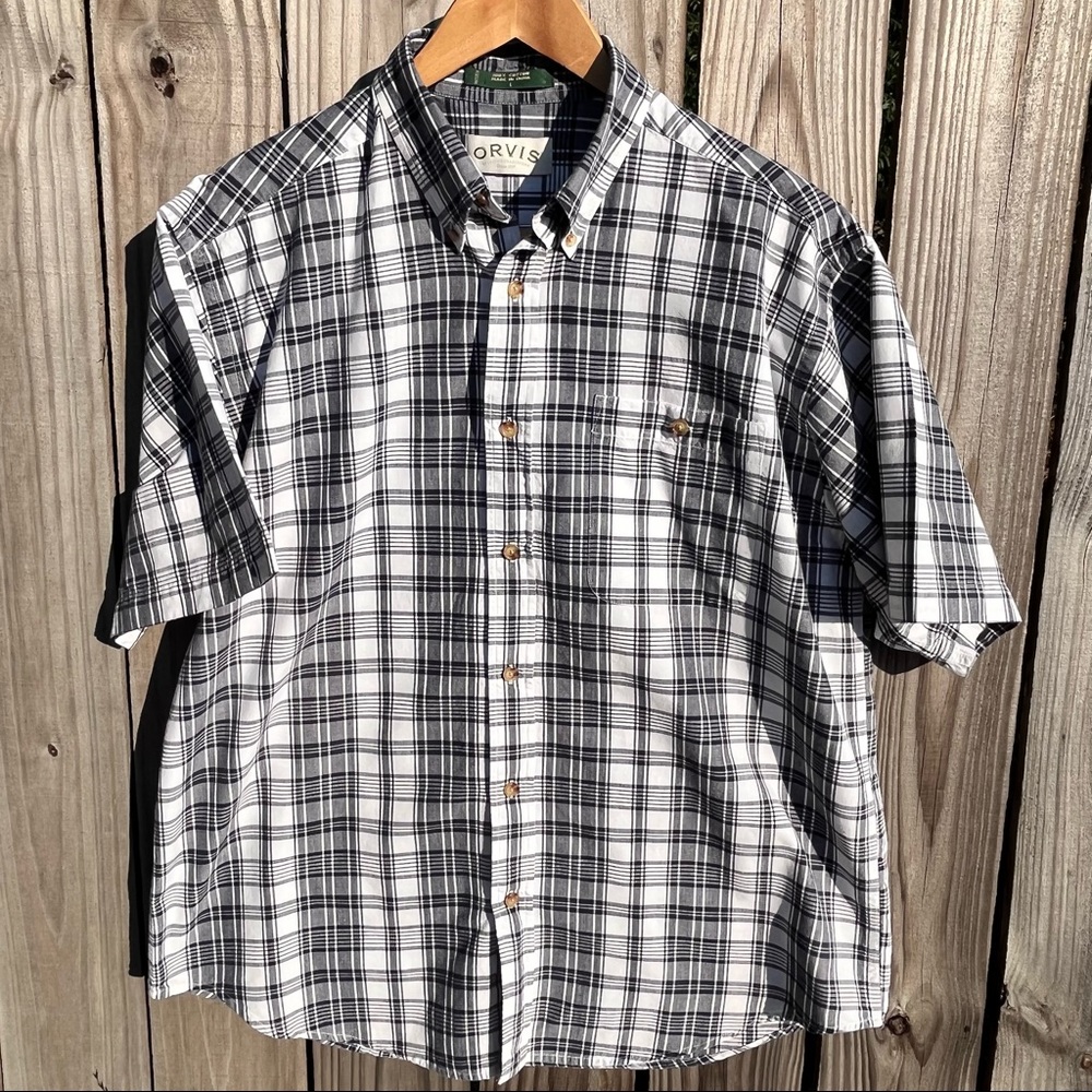 Orvis Mens Size L Blue White Plaid Short Sleeve Button Down Shirt.